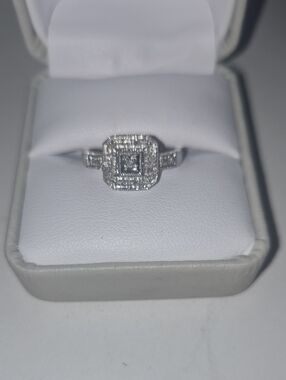 White Sterling Silver Square Halo Ring with Center Stone Size 7